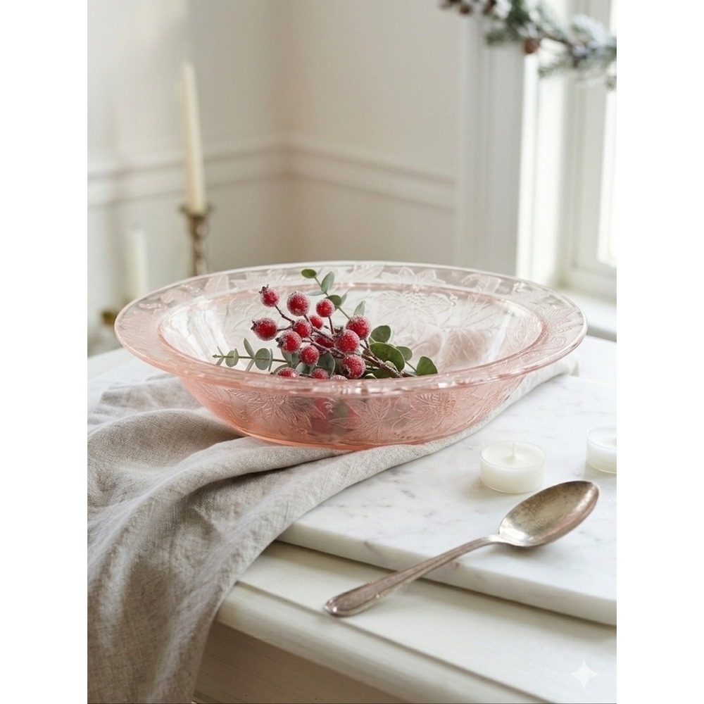 Jeannette Glass Pink Depression Glass Poinsettia Floral Oval Serving Bowl 9-Inch